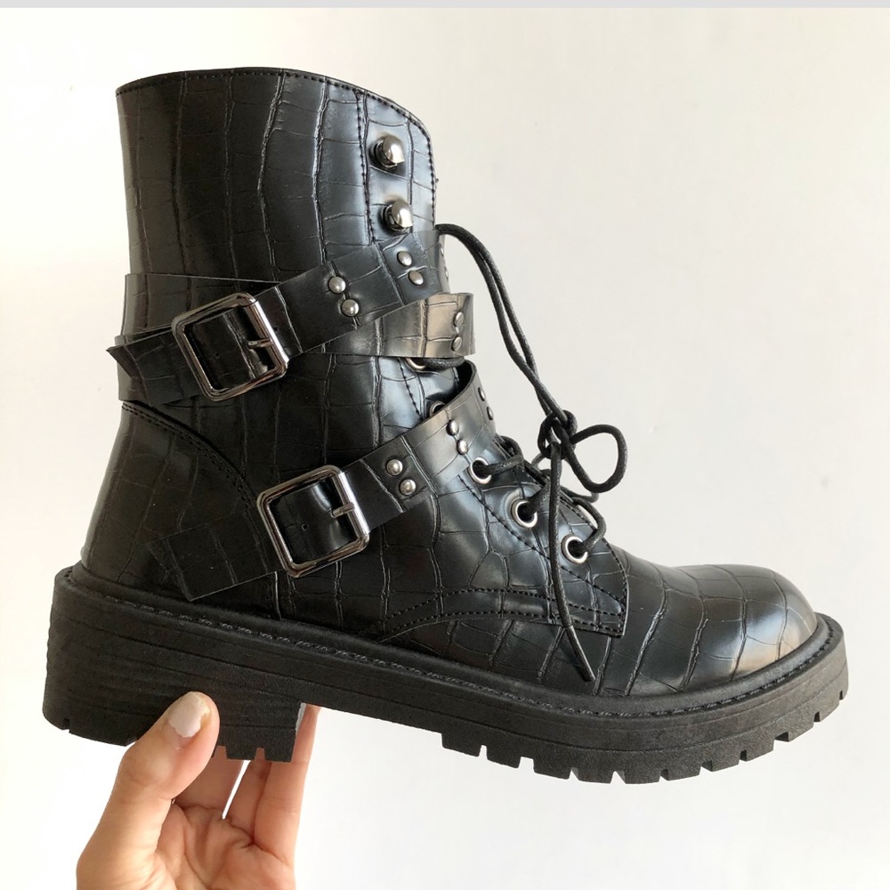 Madden Girl Hayley Croc Combat Boots Black